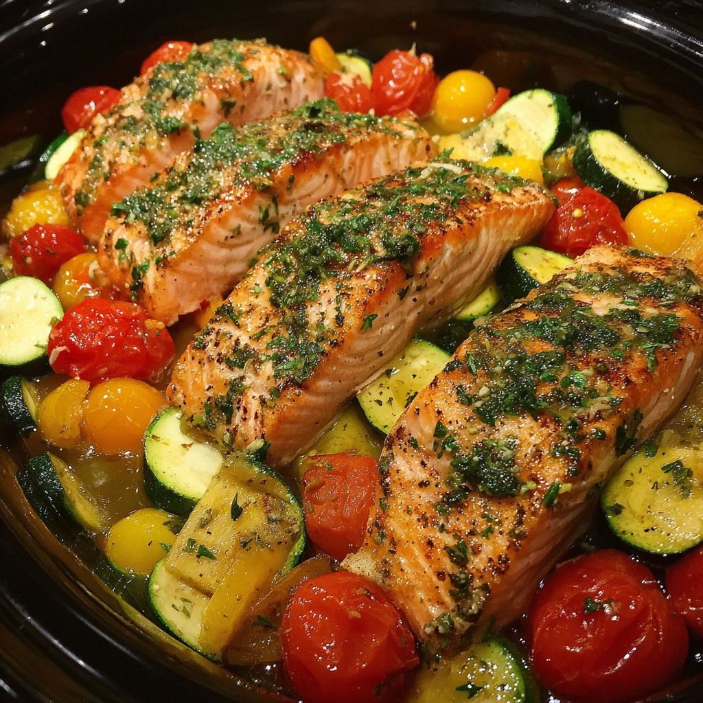 Slow Cooker Lemon Herb Salmon with Summer Veggies