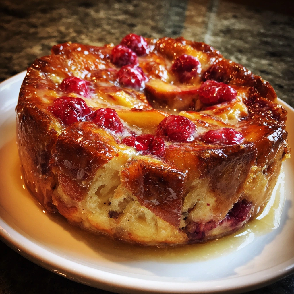Slow Cooker Peach and Raspberry Bread Pudding