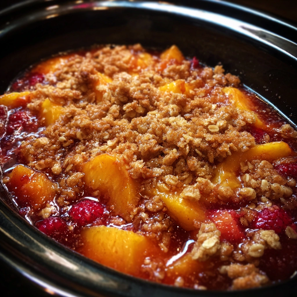 Slow Cooker Peach and Raspberry Crisp
