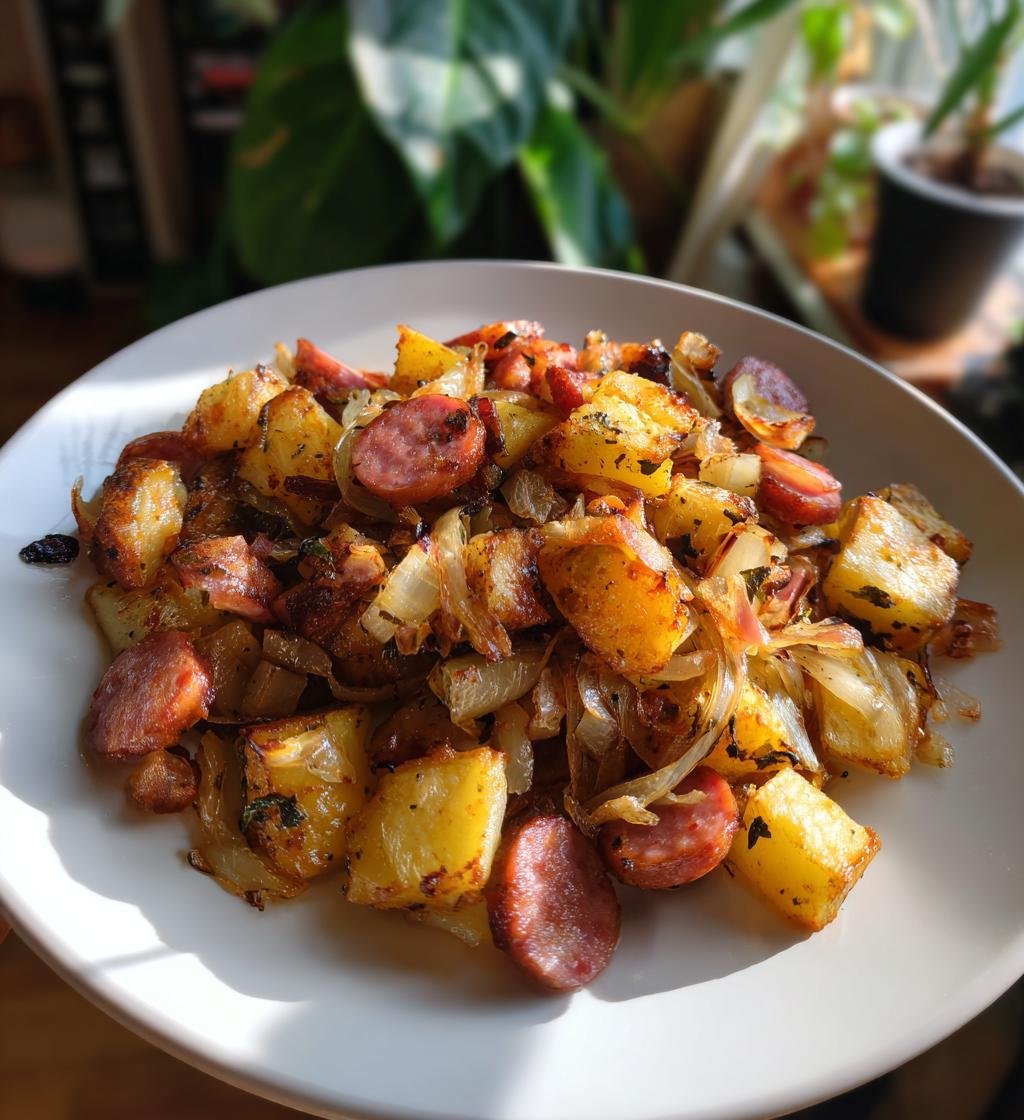 Fried Potatoes With Onions And Smoked Polish Sausage - detail 1