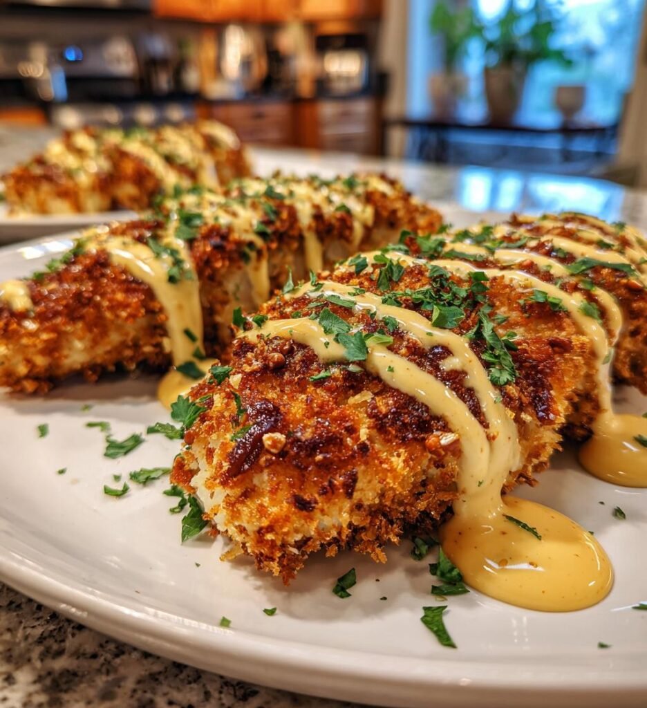 Pretzel Chicken with Mustard Cheddar Sauce