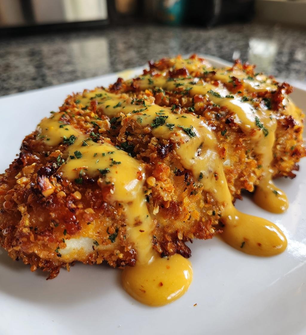 Pretzel Chicken with Mustard Cheddar Sauce