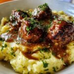 Salisbury Steak Meatballs with Garlic Herb Mashed Potatoes