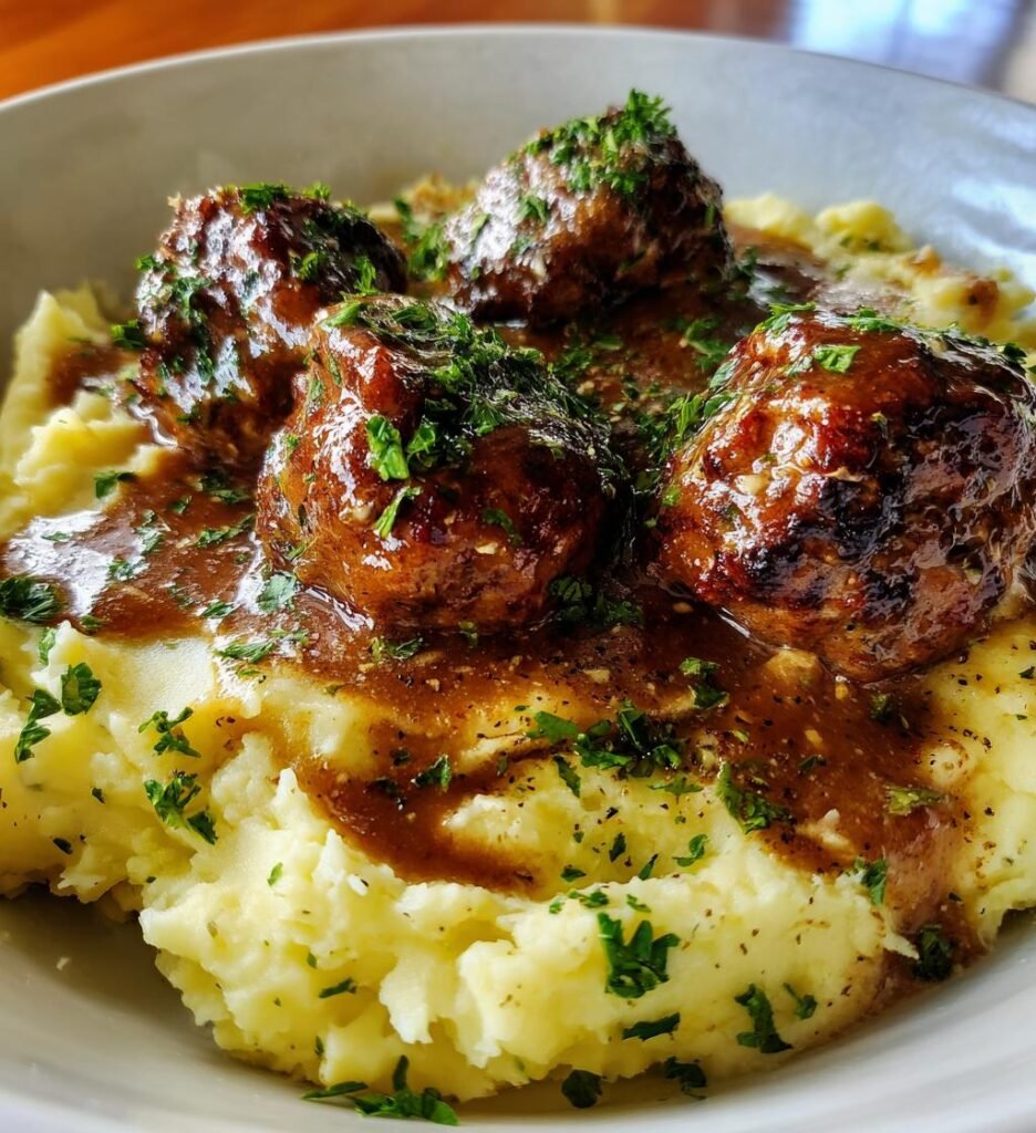 Salisbury Steak Meatballs with Garlic Herb Mashed Potatoes