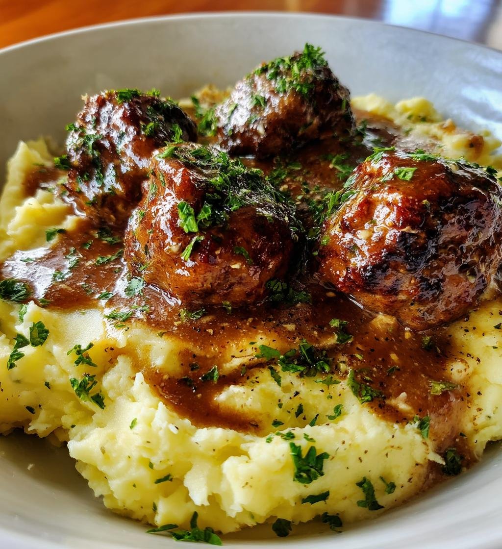 Salisbury Steak Meatballs with Garlic Herb Mashed Potatoes