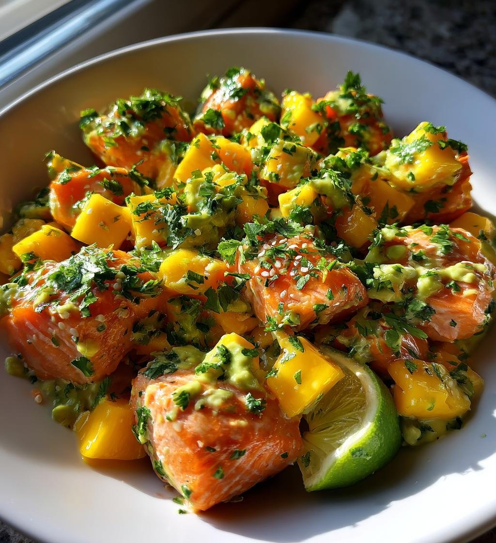 Salmon Bites With Creamy Mango Avocado Salsa And Lime Zest Bowl - detail 1