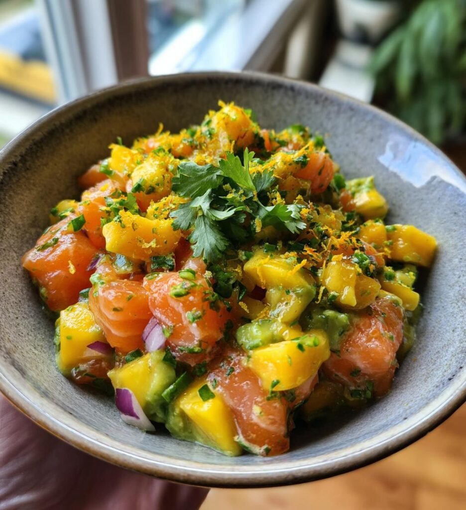 Salmon Bites With Creamy Mango Avocado Salsa And Lime Zest Bowl