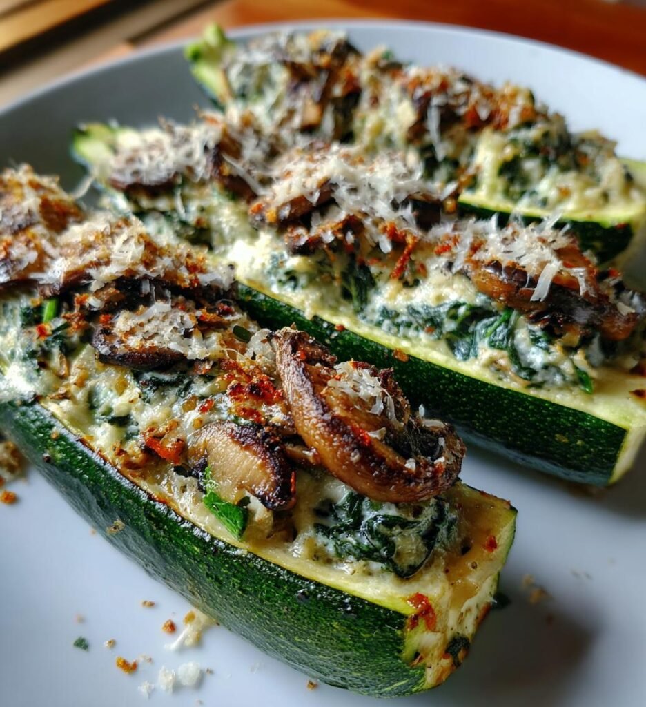 Spinach Mushroom Ricotta Stuffed Zucchini