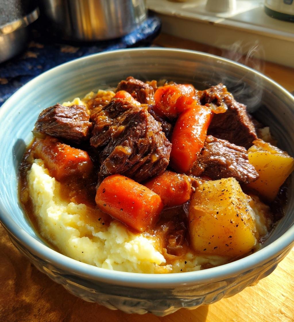 Fall Apple Cider Stew over Mashed Potatoes