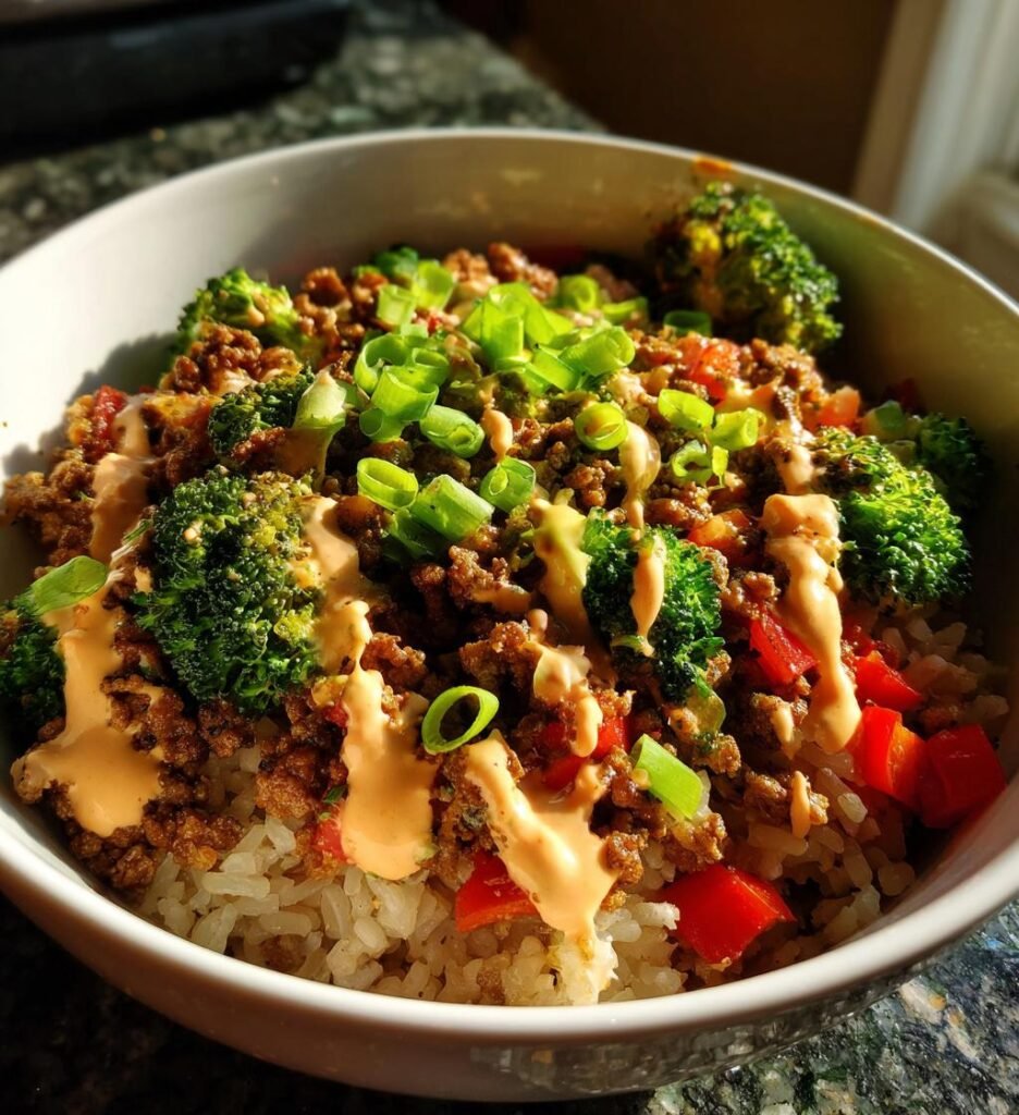 Ground Turkey Rice Bowls with Bang Bang Sauce