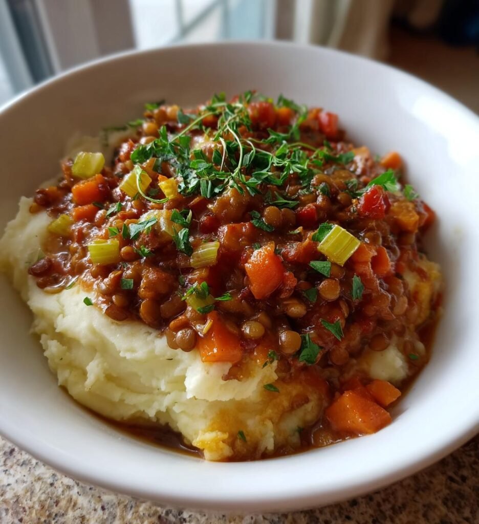 Lentil Stew Over Mashed Potatoes