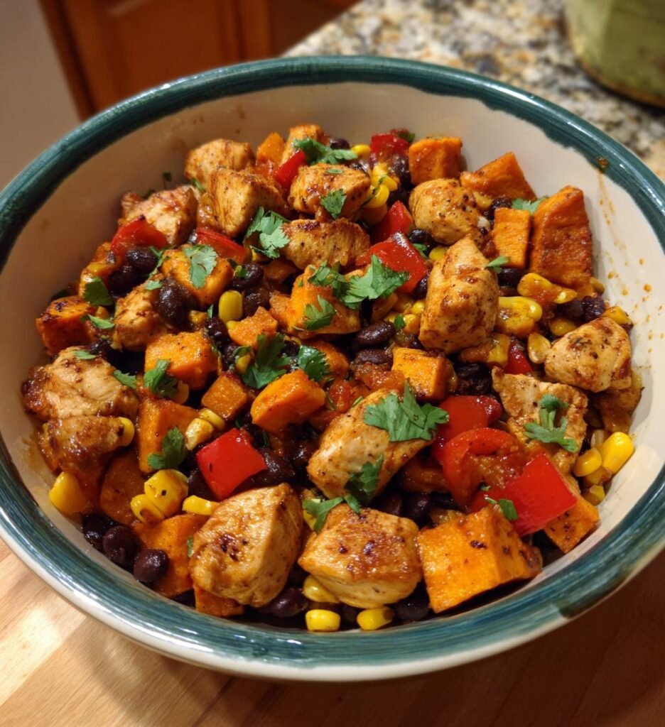 Mexican Chicken, Sweet Potato, and Black Bean Skillet