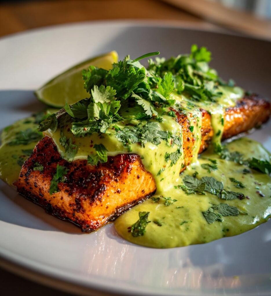 Quick Baked Cajun Salmon with Avocado Lime Sauce