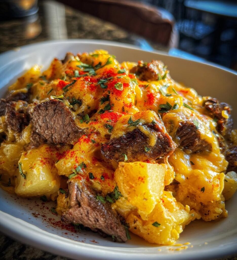 Slow Cooker Steak and Cheddar Potato Casserole