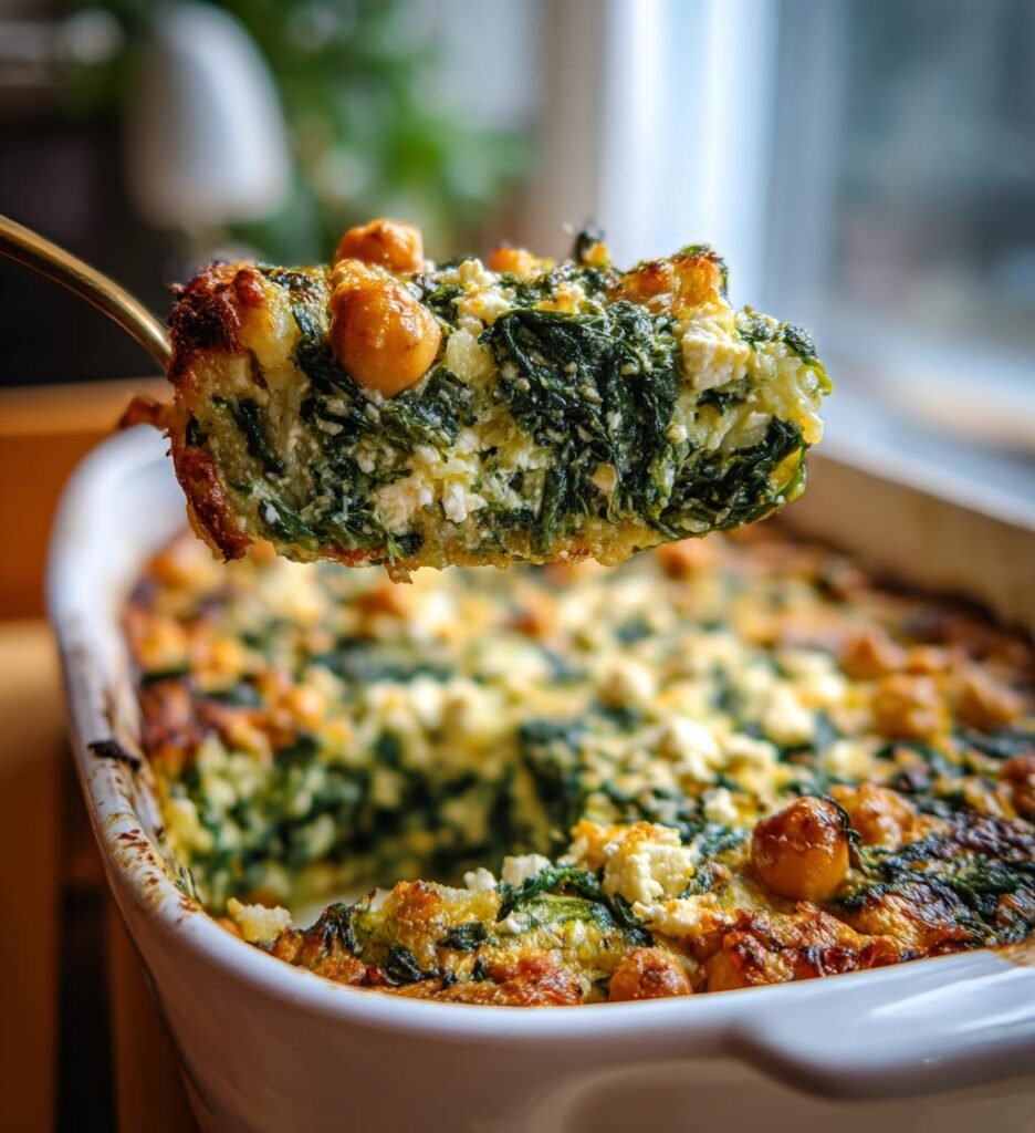 lemony spinach feta rice casserole with chickpeas