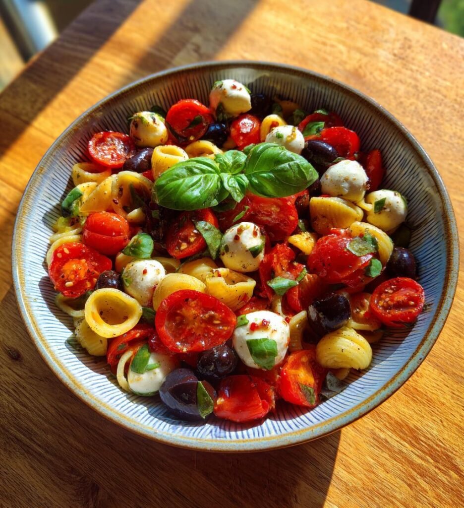 pasta salad with mozzarella eyeballs