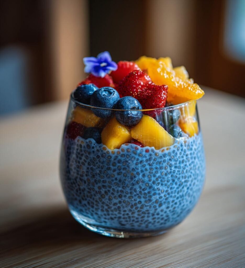 Blue Chia Pudding with Butterfly Pea Flower