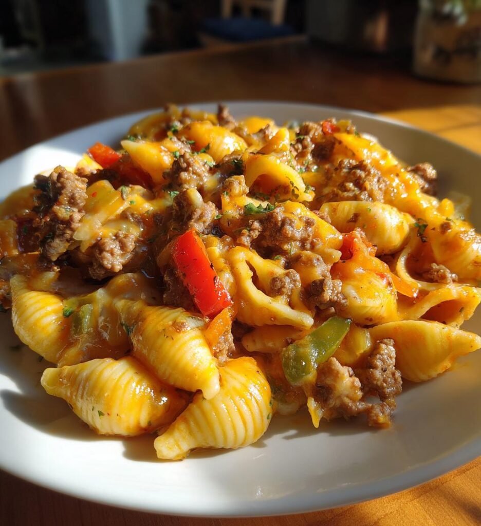 Crockpot Cheesy Ranch Beef Pasta Shells