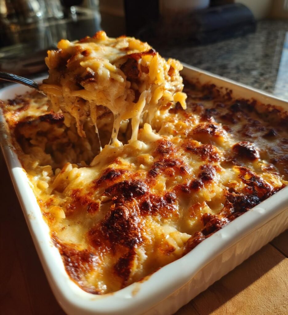 French Onion Orzo Bake