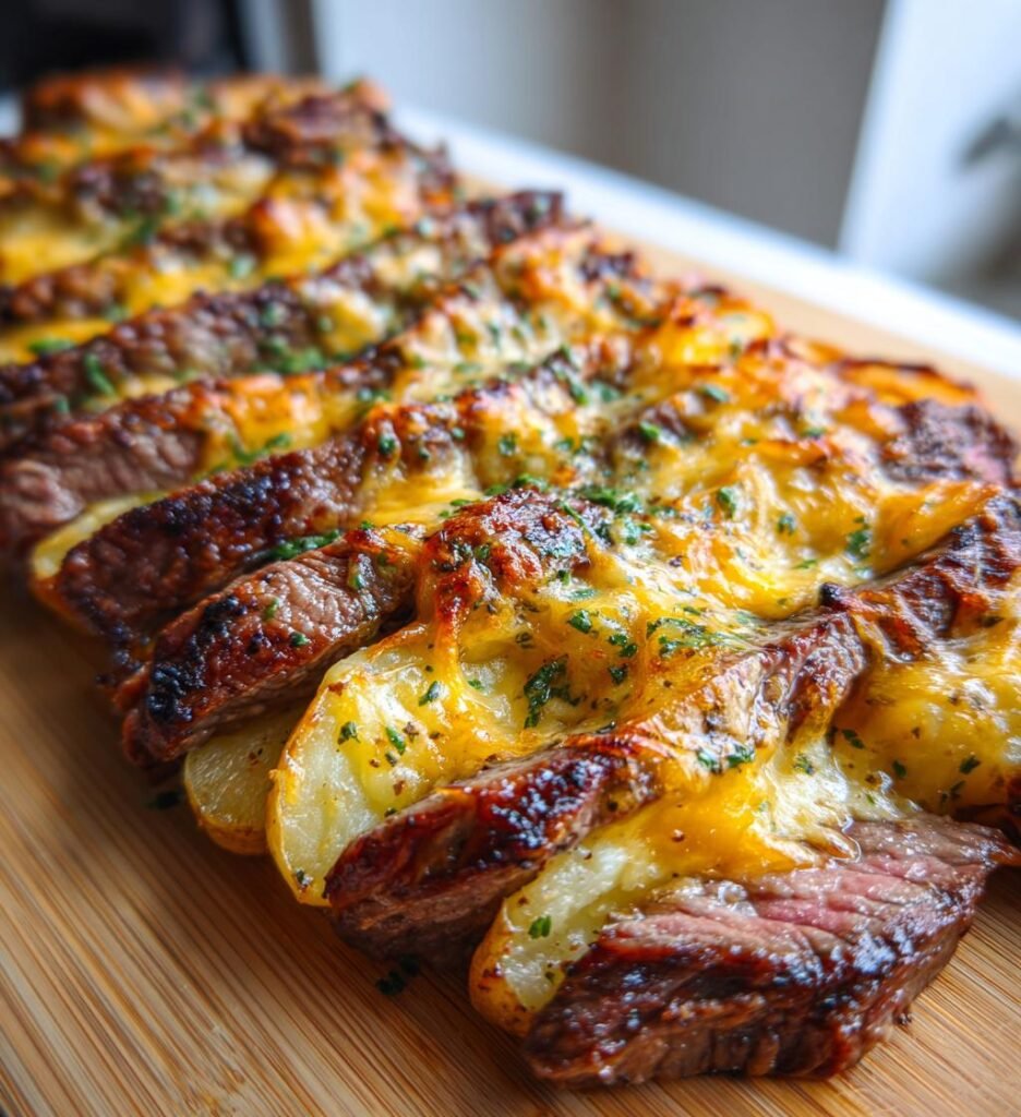 Garlic Butter Steak & Cheddar Potato Bake
