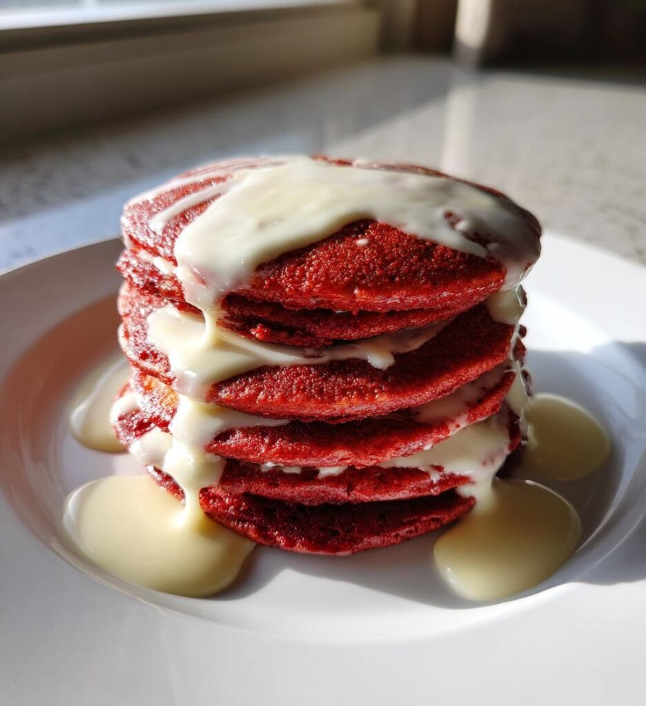 Red Velvet Pancakes with Cream Cheese Glaze
