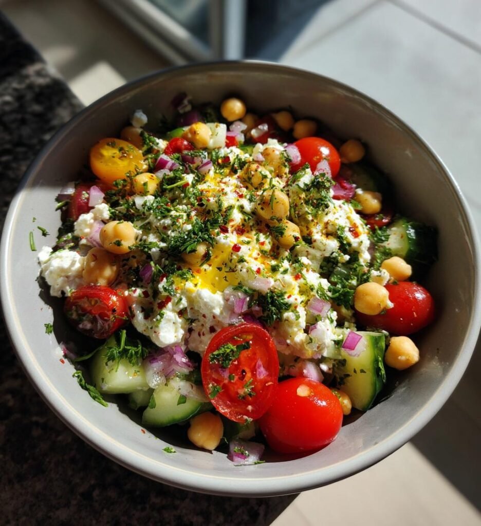 Salad with Cottage Cheese and Chickpeas for a Nutritious Boost