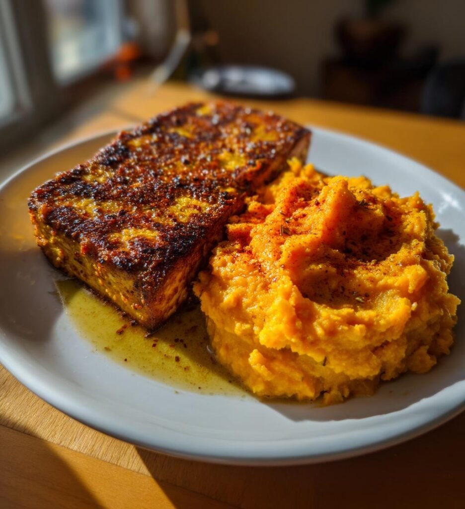 Smoky Tofu Steak with Creamy Mashed Sweet Potatoes